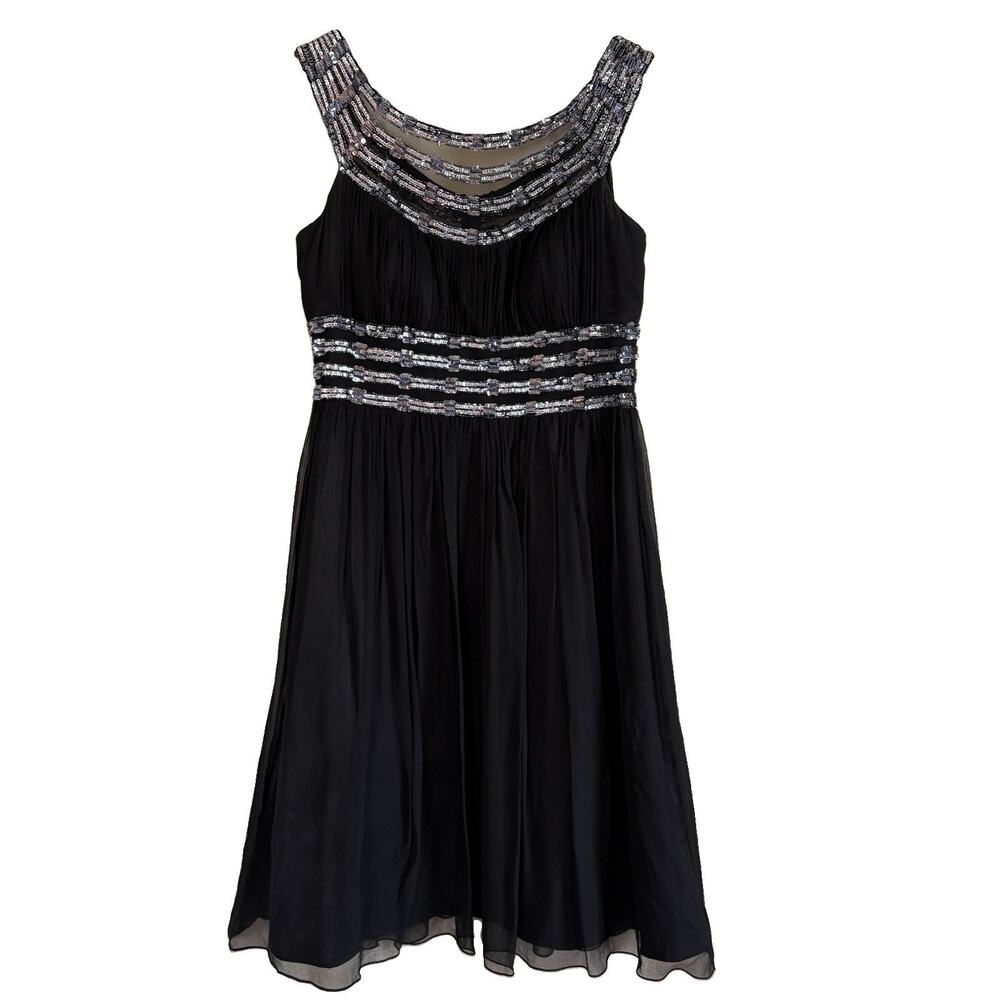 Adrianna Papell Evening Black 100% Silk Knee Length Dress Silver Sequined Size 8